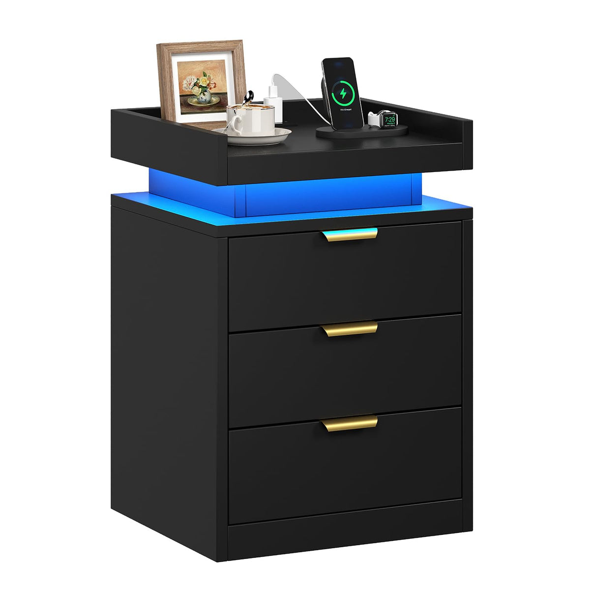 Black 3 Drawer LED Nightstand with Charging Station U20593