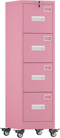 Pink 4-Drawer Metal File Cabinet with Lock and Wheels P86453