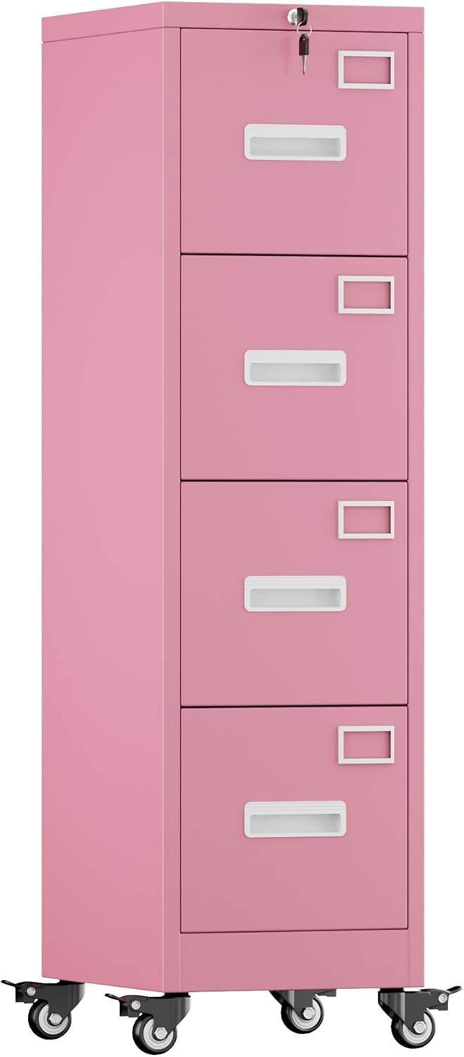 Pink 4-Drawer Metal File Cabinet with Lock and Wheels P86453