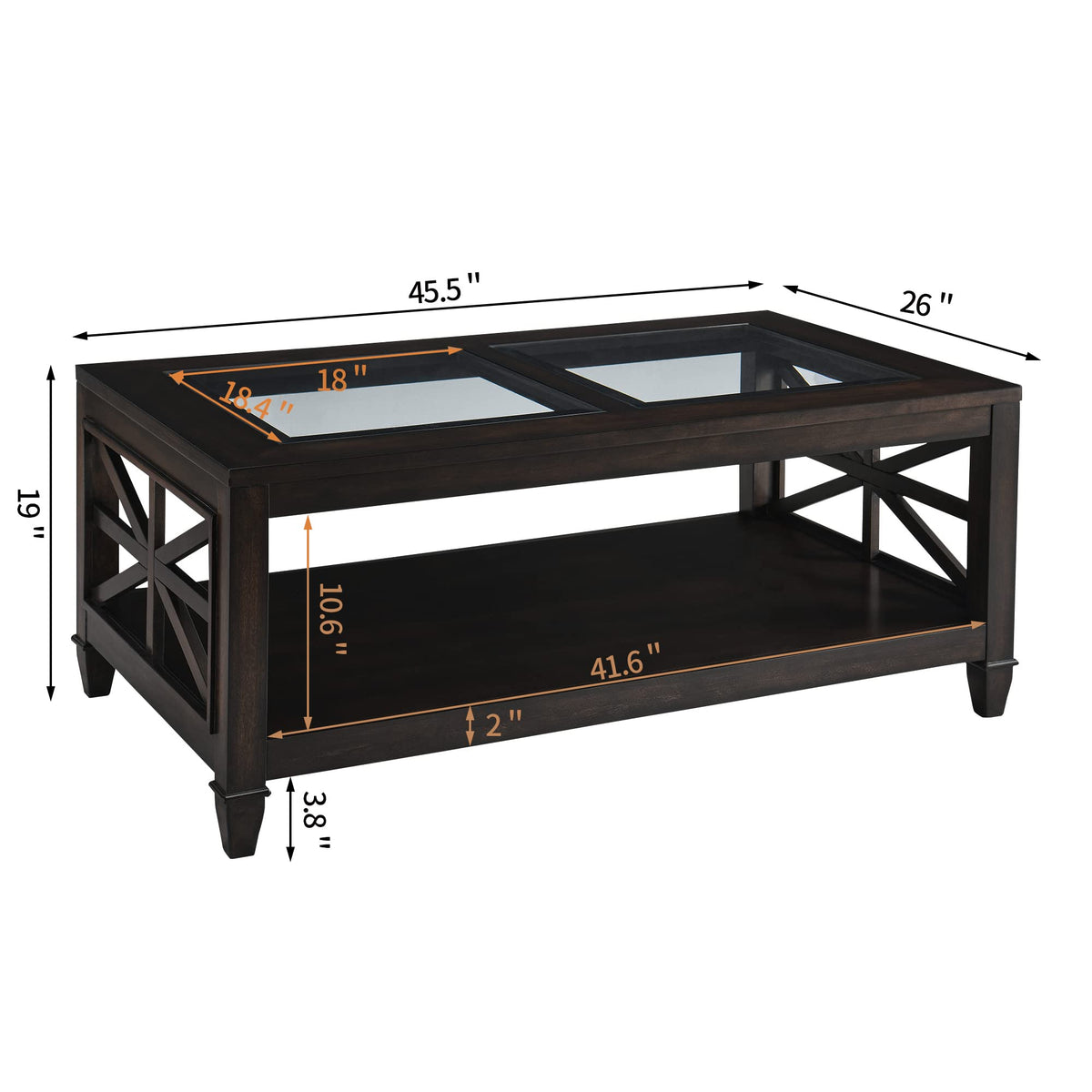 45.5"W Solid Wood Glass Coffee Table E2803