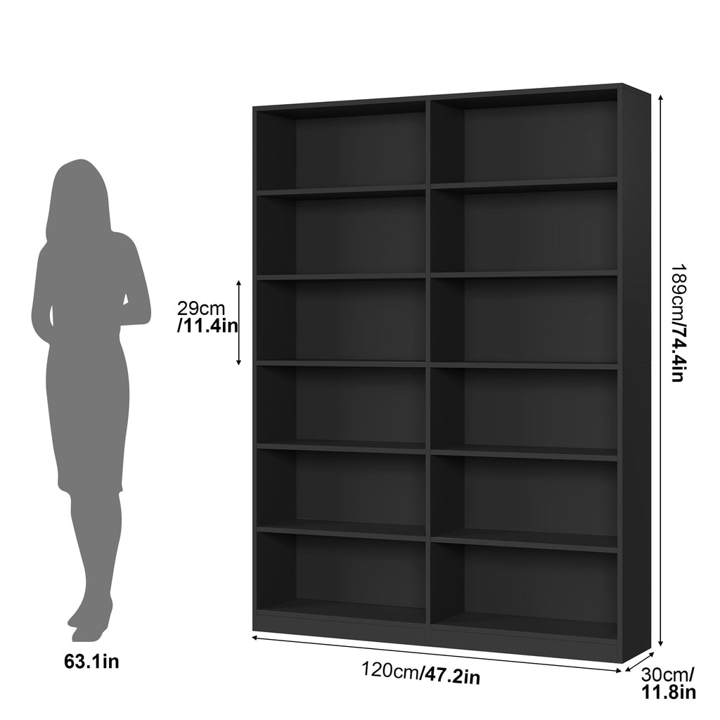 Black 6-Tier Double Wide Bookshelf S5866