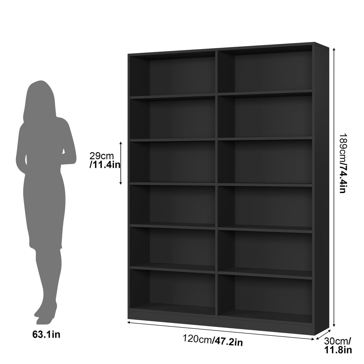 Black 6-Tier Double Wide Bookshelf S5866
