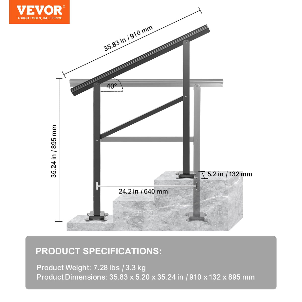 Aluminum Outdoor Stair Handrail 36 x 35 for 2-3 Steps J45307
