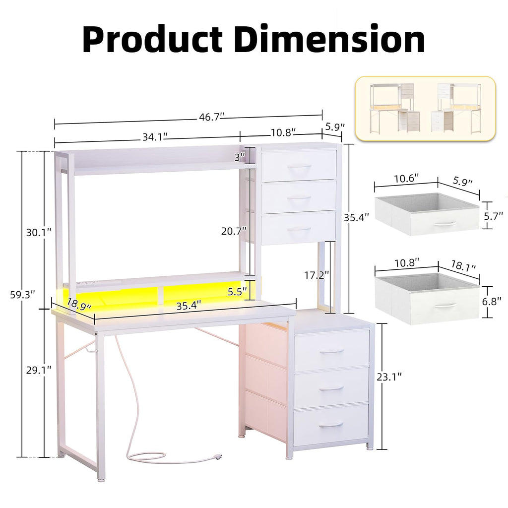47 Inch White Computer Gaming Desk with Hutch and 6 Fabric Drawers U551567
