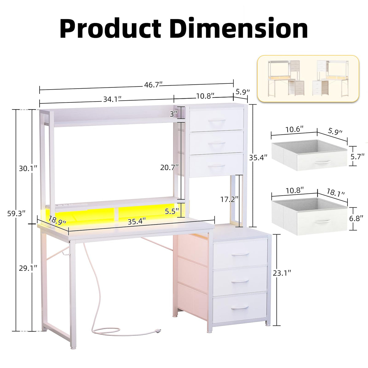 47 Inch White Computer Gaming Desk with Hutch and 6 Fabric Drawers U551567
