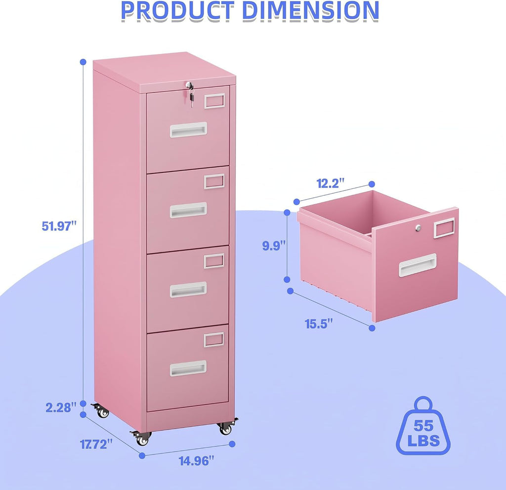 Pink 4-Drawer Metal File Cabinet with Lock and Wheels P86453