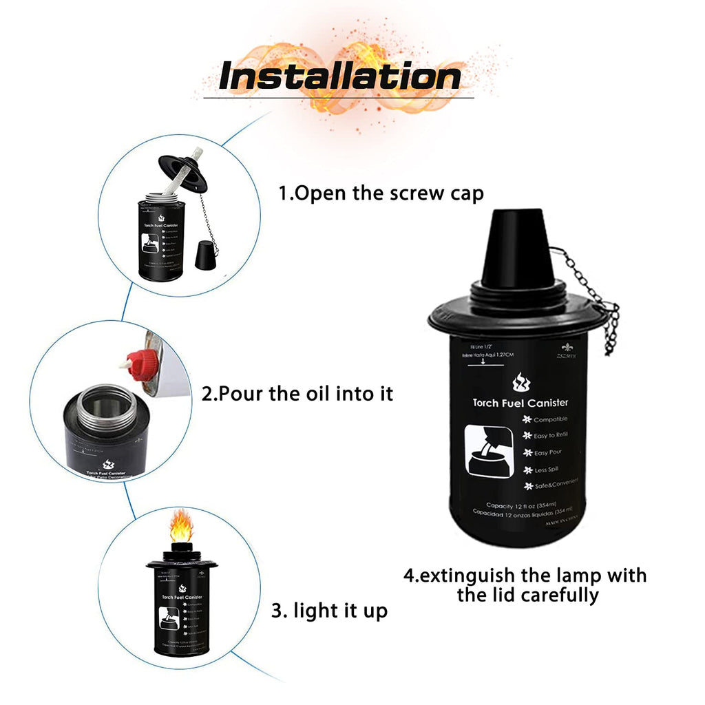 6 Pack 12 oz Refillable Torch Canisters with Wicks and Covers U182075