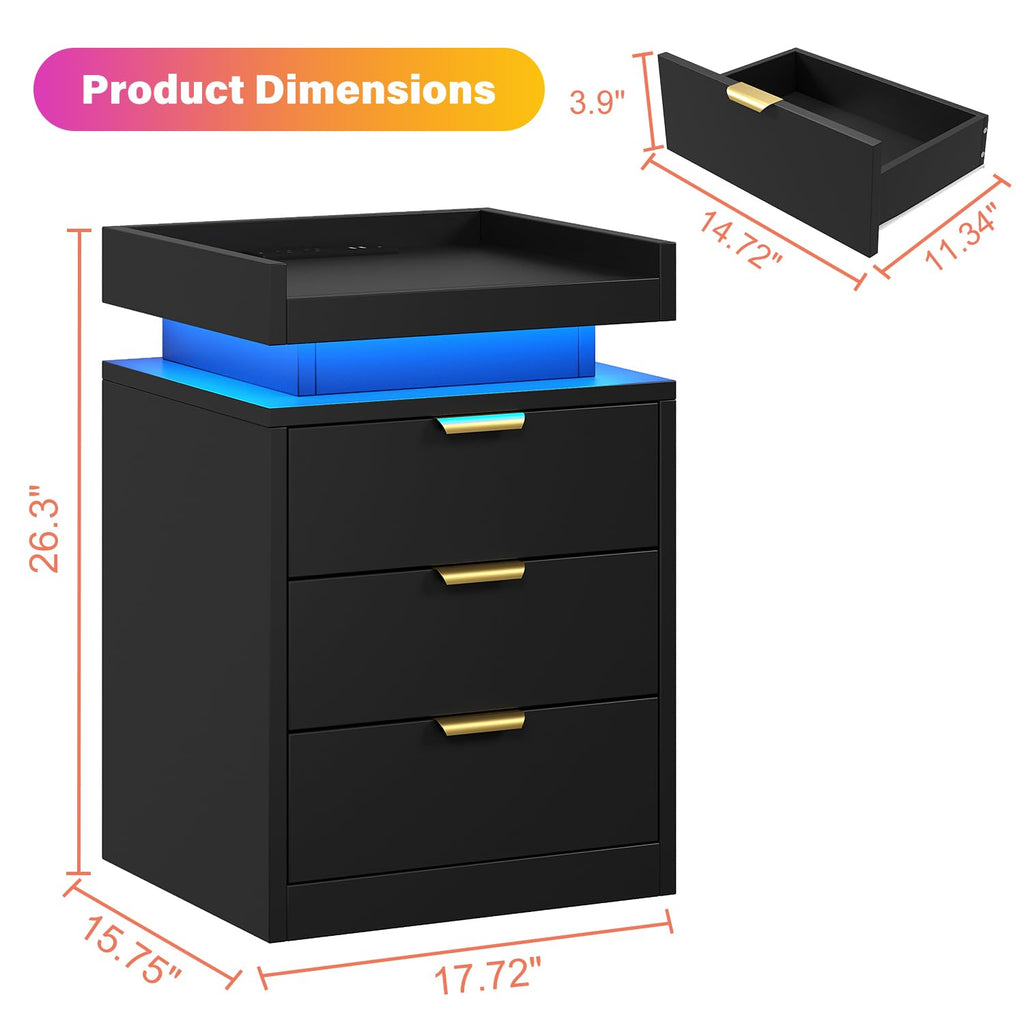 Black 3 Drawer LED Nightstand with Charging Station U20593