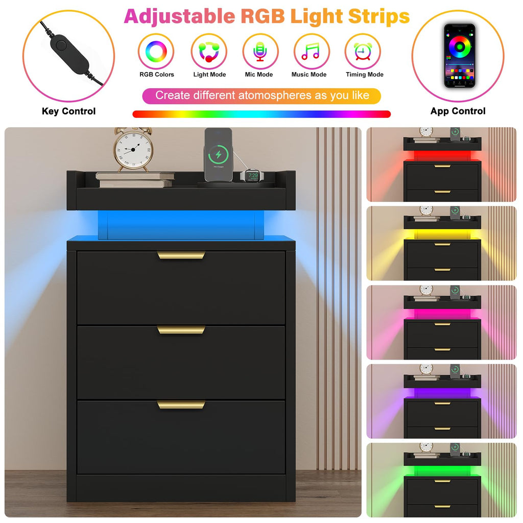 Black 3 Drawer LED Nightstand with Charging Station U20593