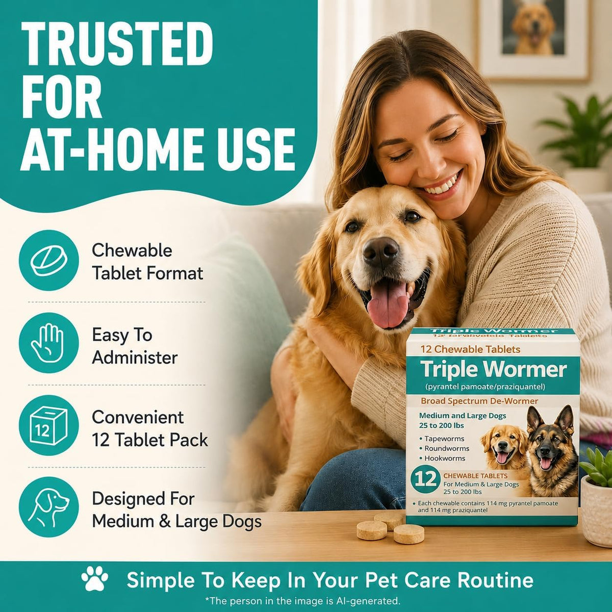 Pyrantel Pamoate and Praziquantel De-wormer Tablet for Medium & Large Dogs D220804