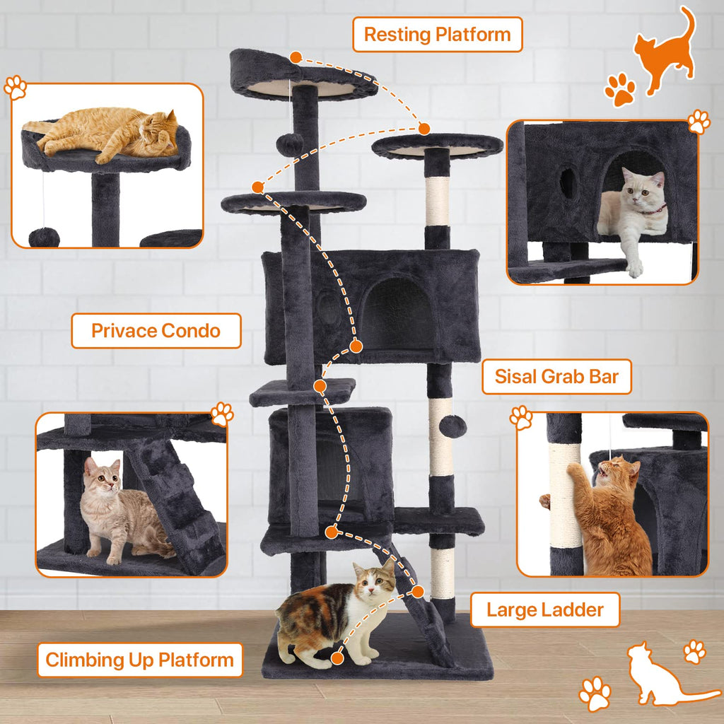 70 Inch Light Gray Cat Tree with 2 Condos, 3 Scratching Posts G30006