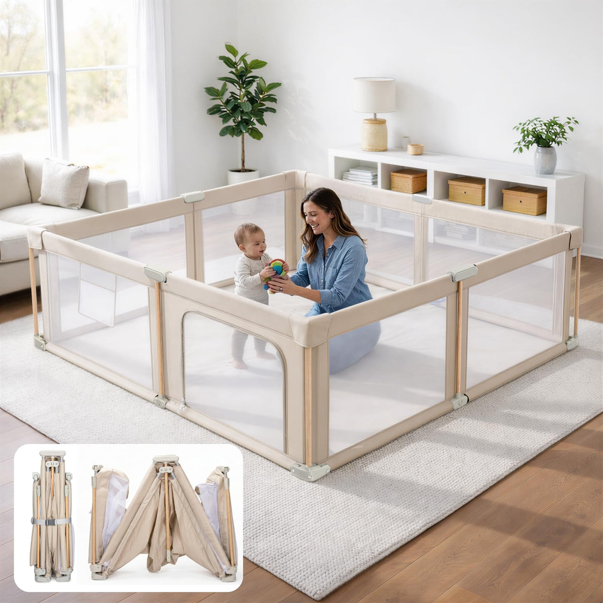Foldable Baby Playpen with Mat, Mesh and Storage Bag F419