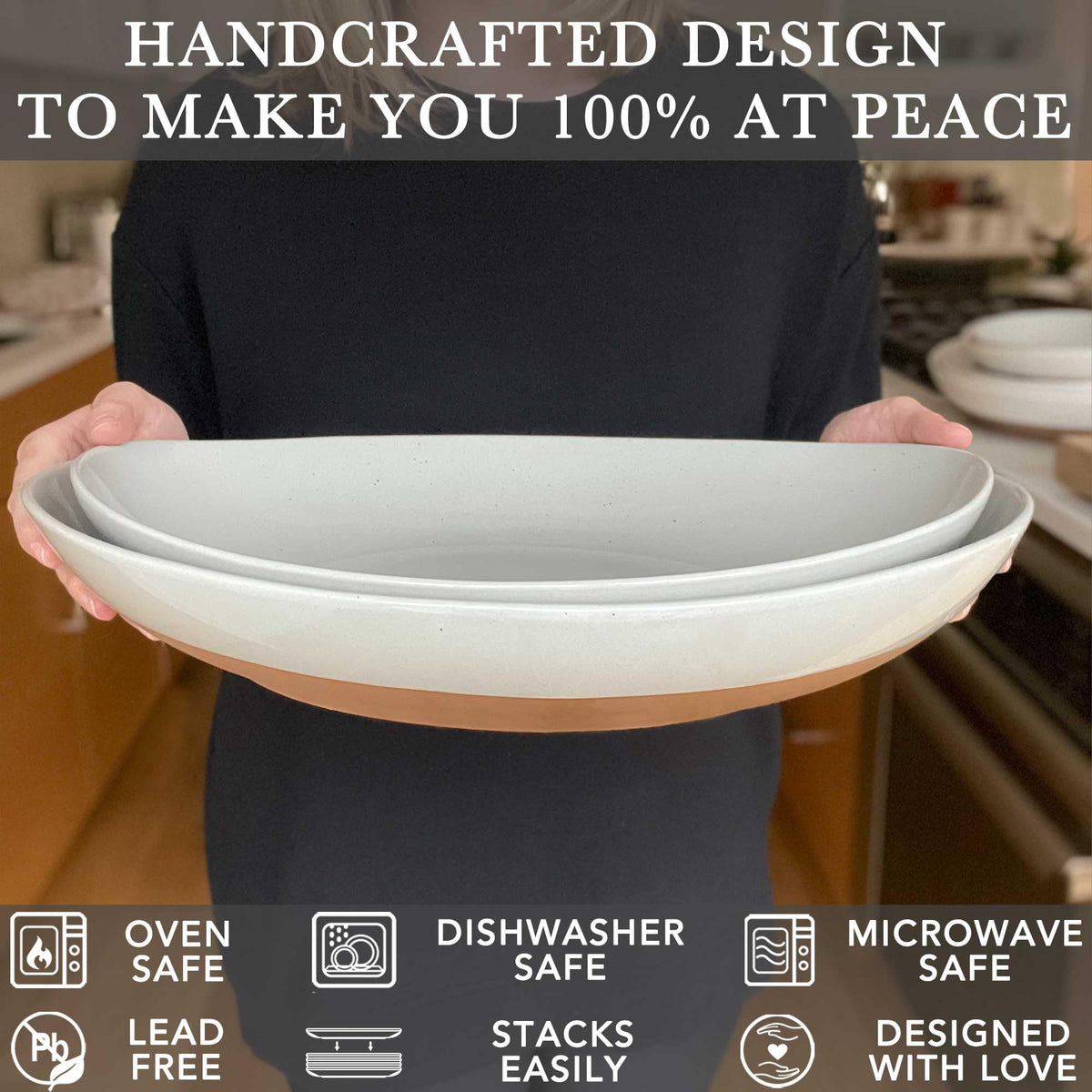 Ceramic Serving Bowls Set of 2 Oval Platters Vanilla White H317327