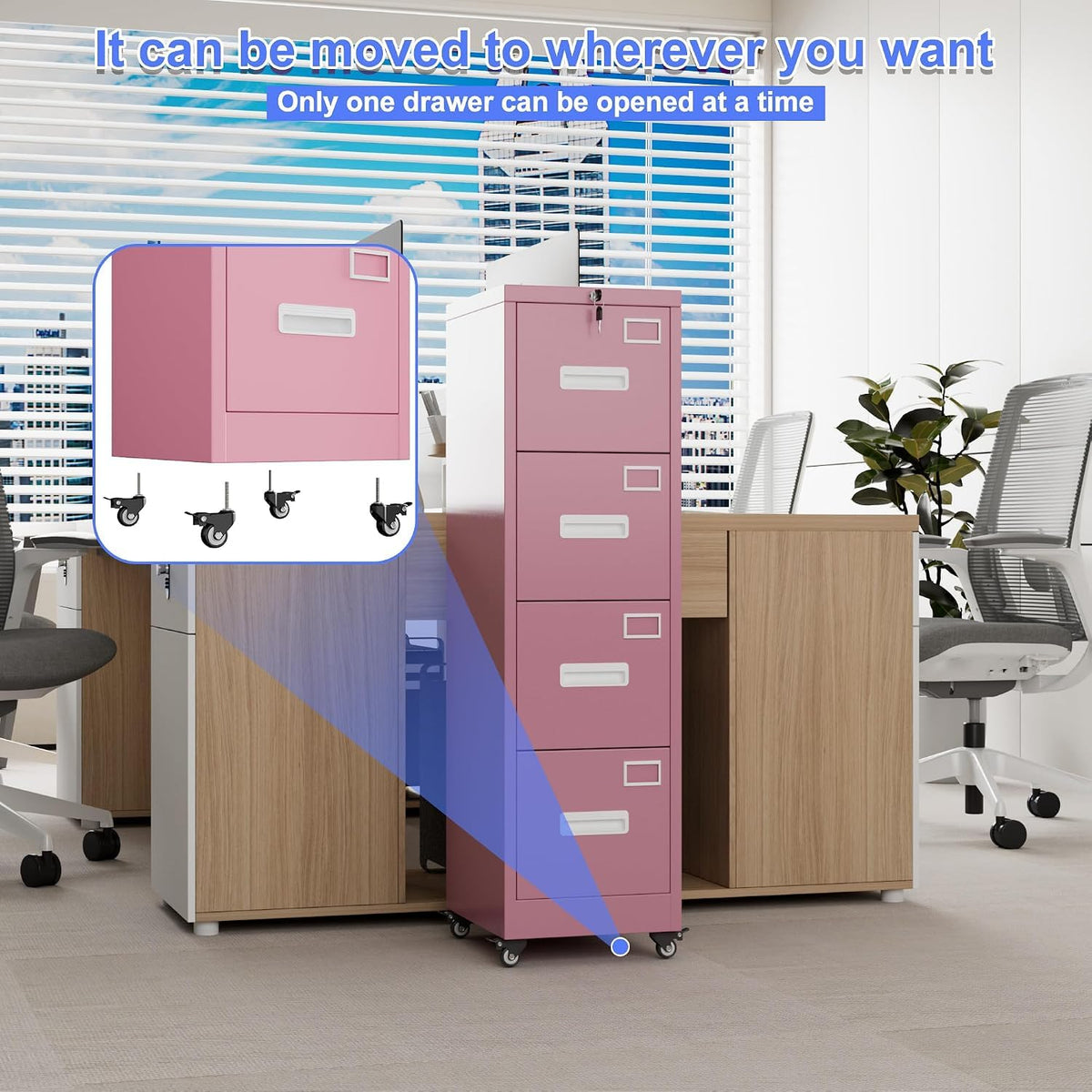Pink 4-Drawer Metal File Cabinet with Lock and Wheels P86453