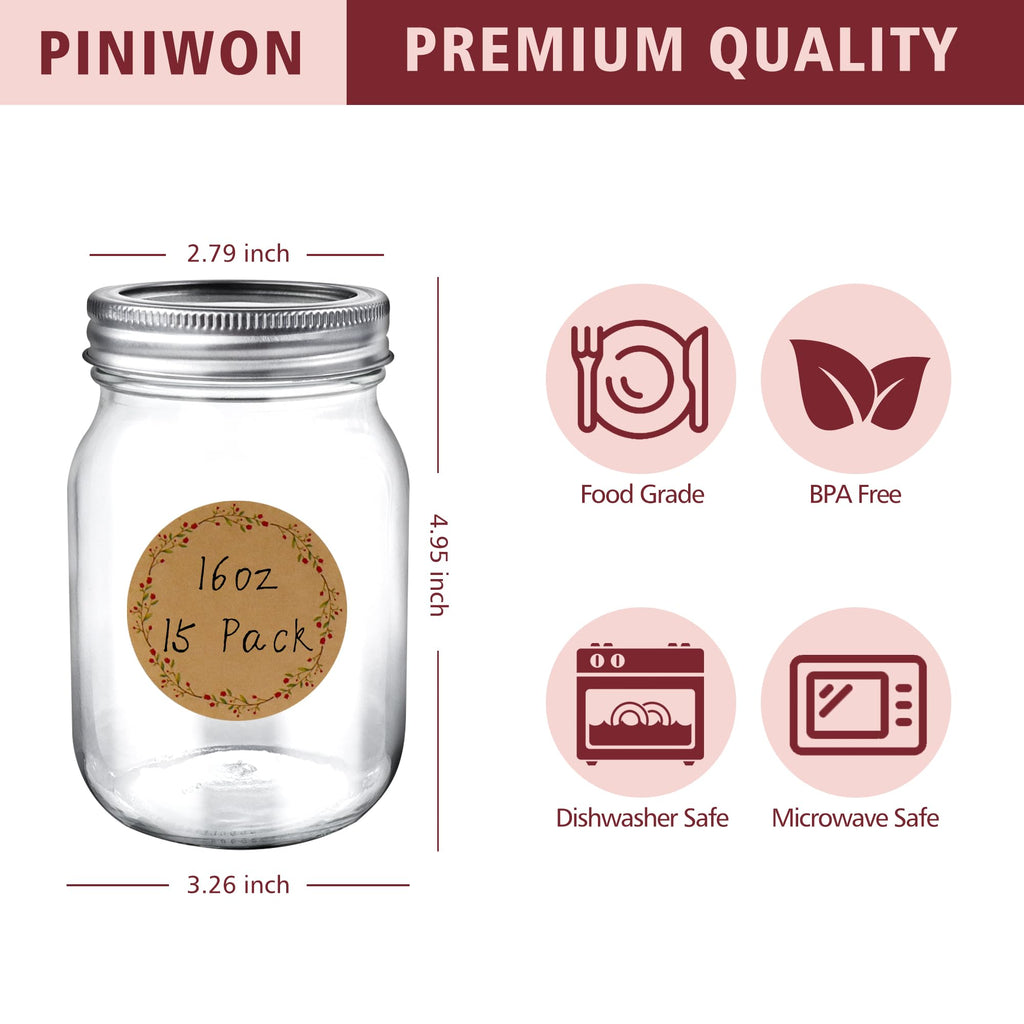 16 oz Mason Jars with Lids and Bands, 15 Pack H538486