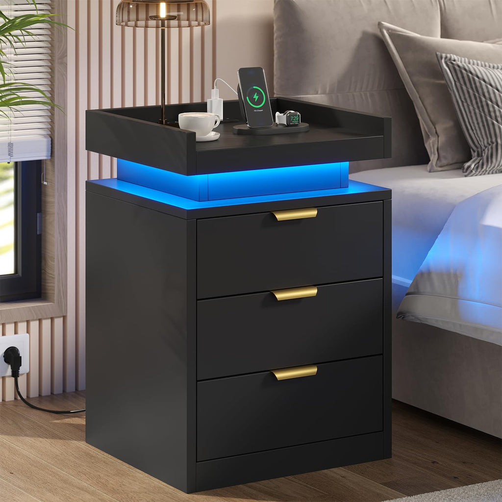 Black 3 Drawer LED Nightstand with Charging Station U20593