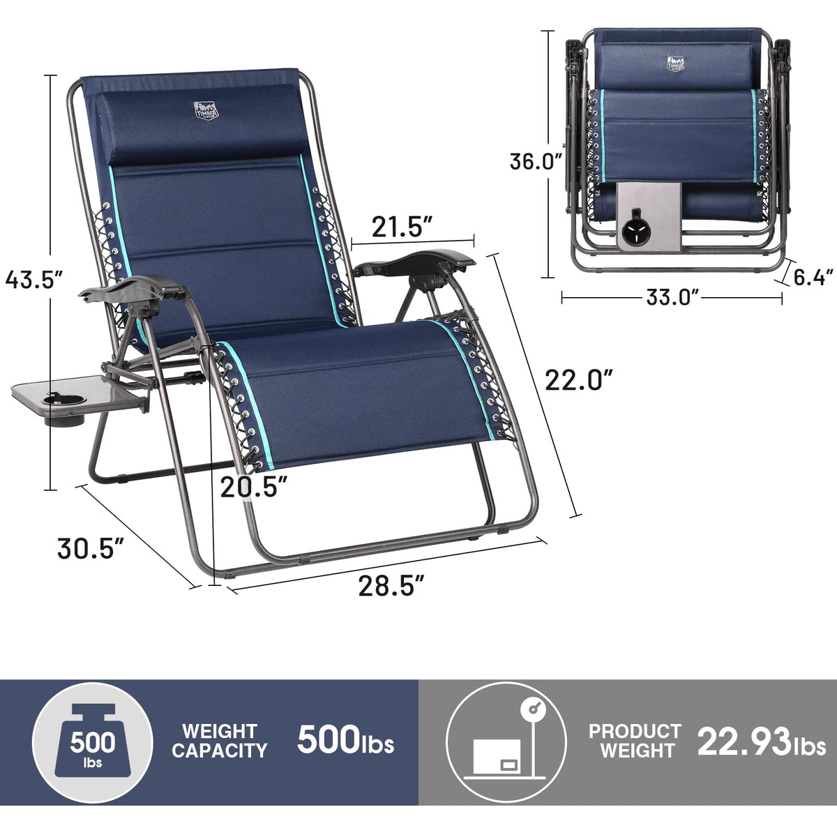 Oversized Zero Gravity Reclining Chair with Side Table, Blue 2 Pack E64889