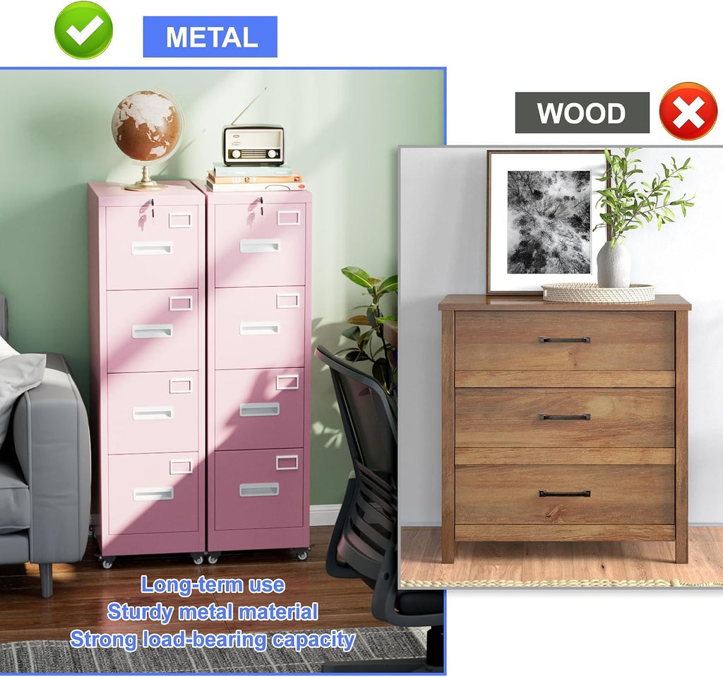 Pink 4-Drawer Metal File Cabinet with Lock and Wheels P86453