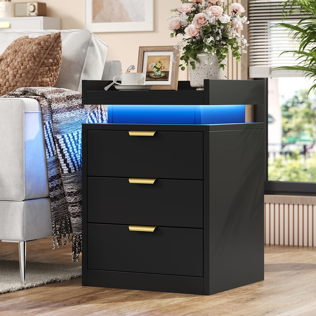 Black 3 Drawer LED Nightstand with Charging Station U20593