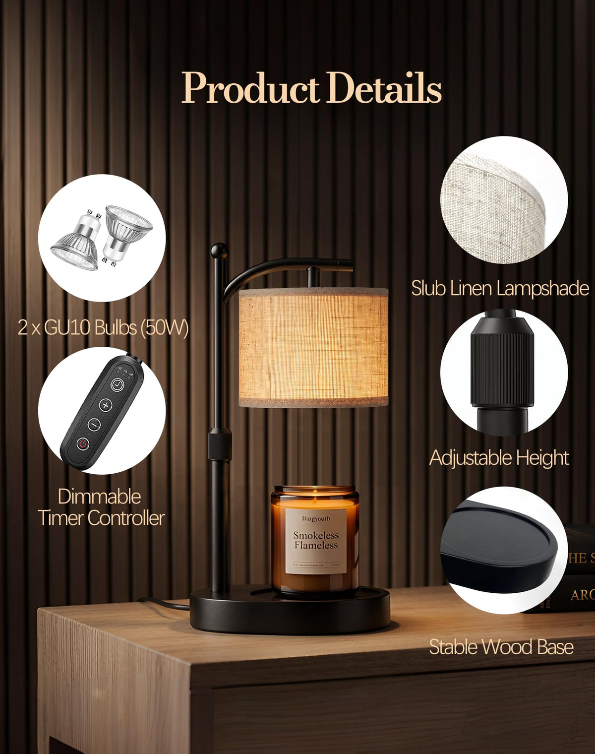 Adjustable Height Candle Warmer Lamp with Timer & Dimmer K9326