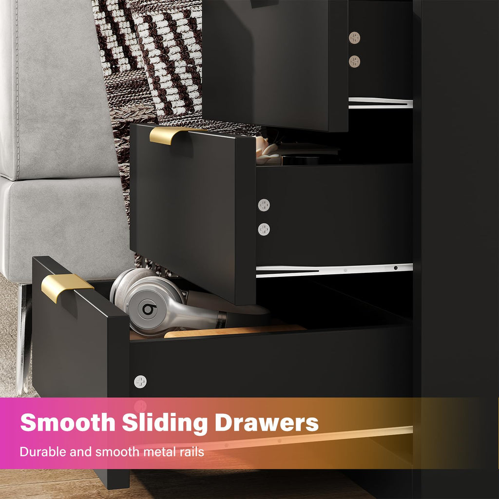 Black 3 Drawer LED Nightstand with Charging Station U20593