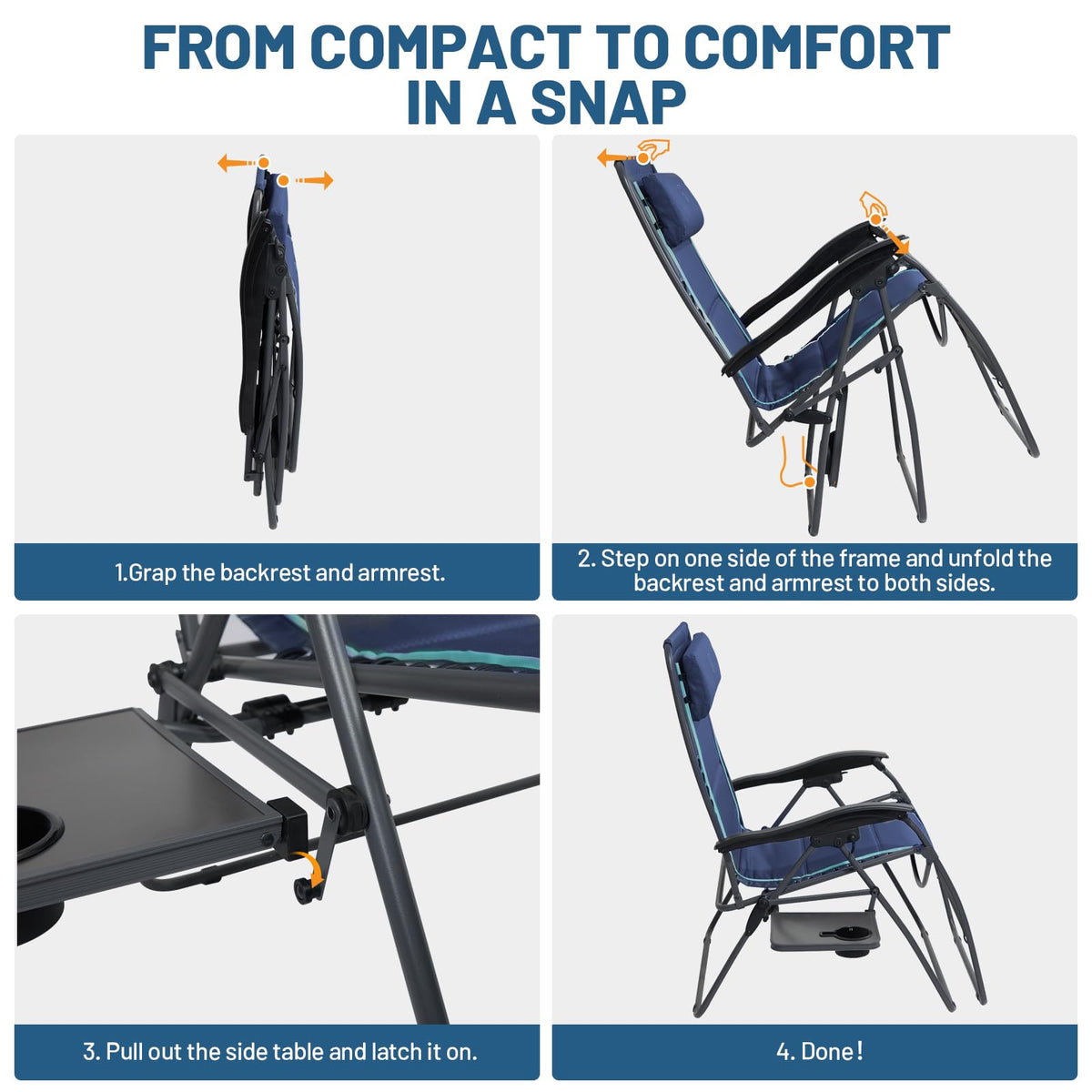 Oversized Zero Gravity Reclining Chair with Side Table, Blue 2 Pack E64889