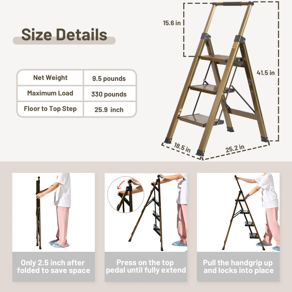 3 Step Aluminum Step Stool with Retractable Handrail L288783
