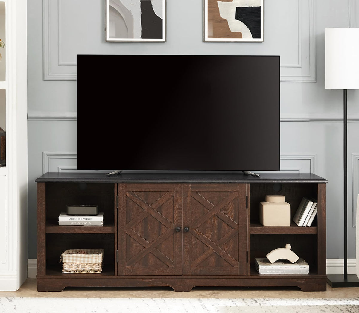 Espresso and Black TV Media Stand with Open Shelves and Closed Cabinets E556601