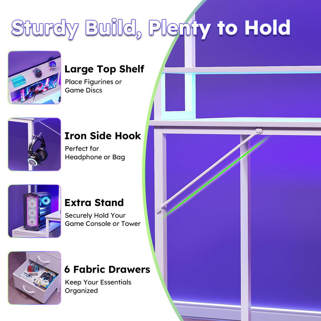 47 Inch White Computer Gaming Desk with Hutch and 6 Fabric Drawers U551567