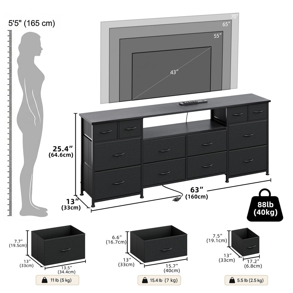 63 Inch 12 Drawer Black Dresser G468