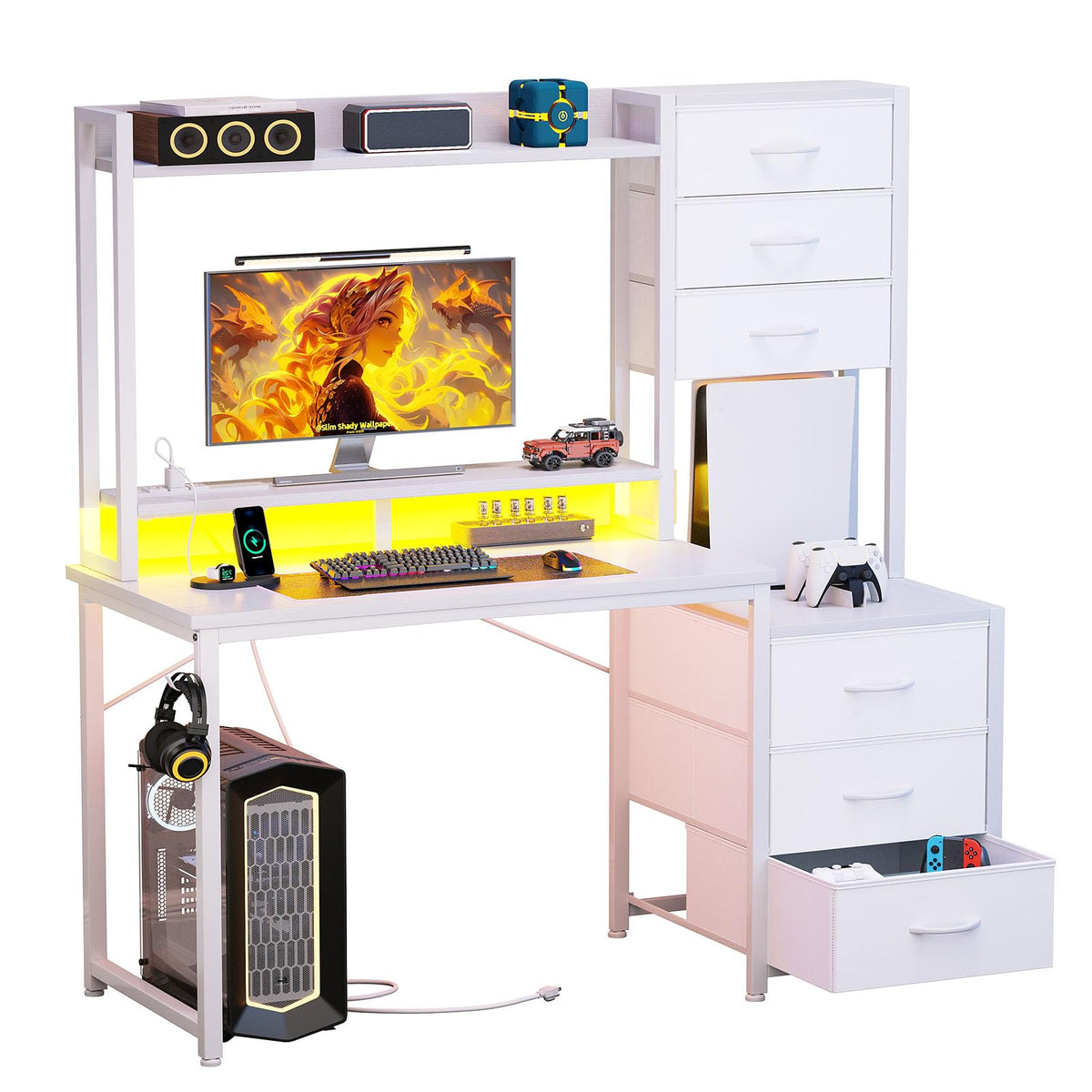47 Inch White Computer Gaming Desk with Hutch and 6 Fabric Drawers U551567