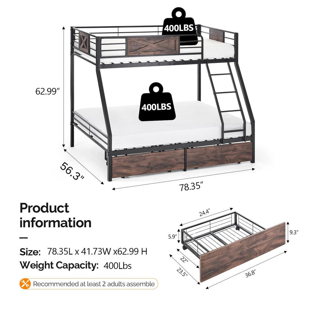 Twin Over Full Metal Bunk Bed with 2 Storage Drawers M943749