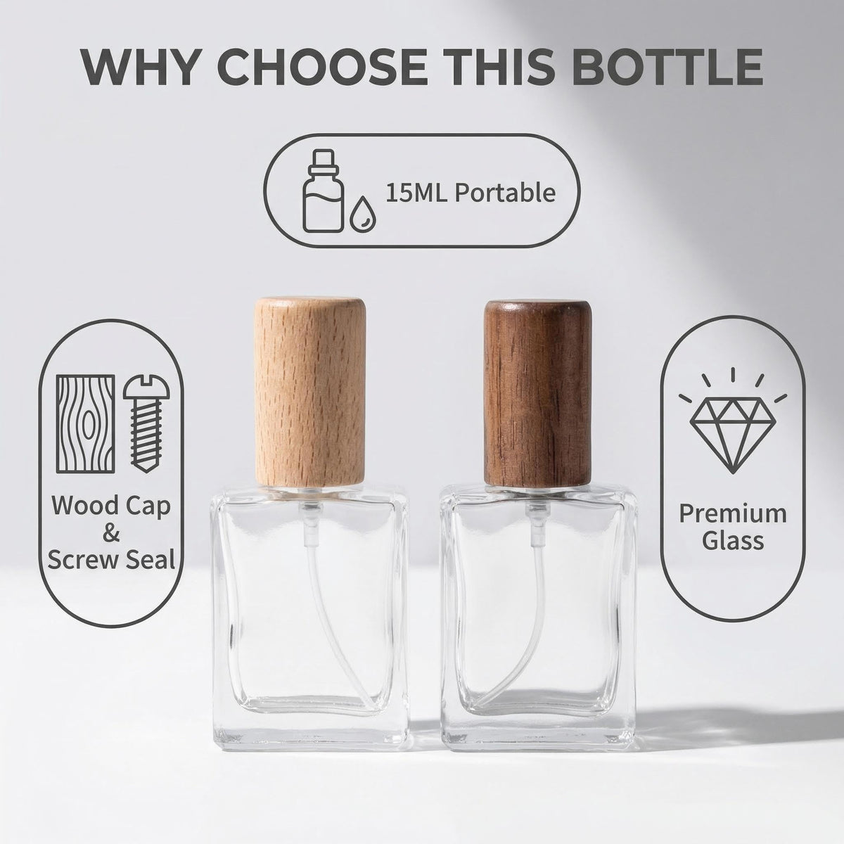 2 Pcs 15ml Clear Mini Glass Perfume Bottle with Wood Lid L164