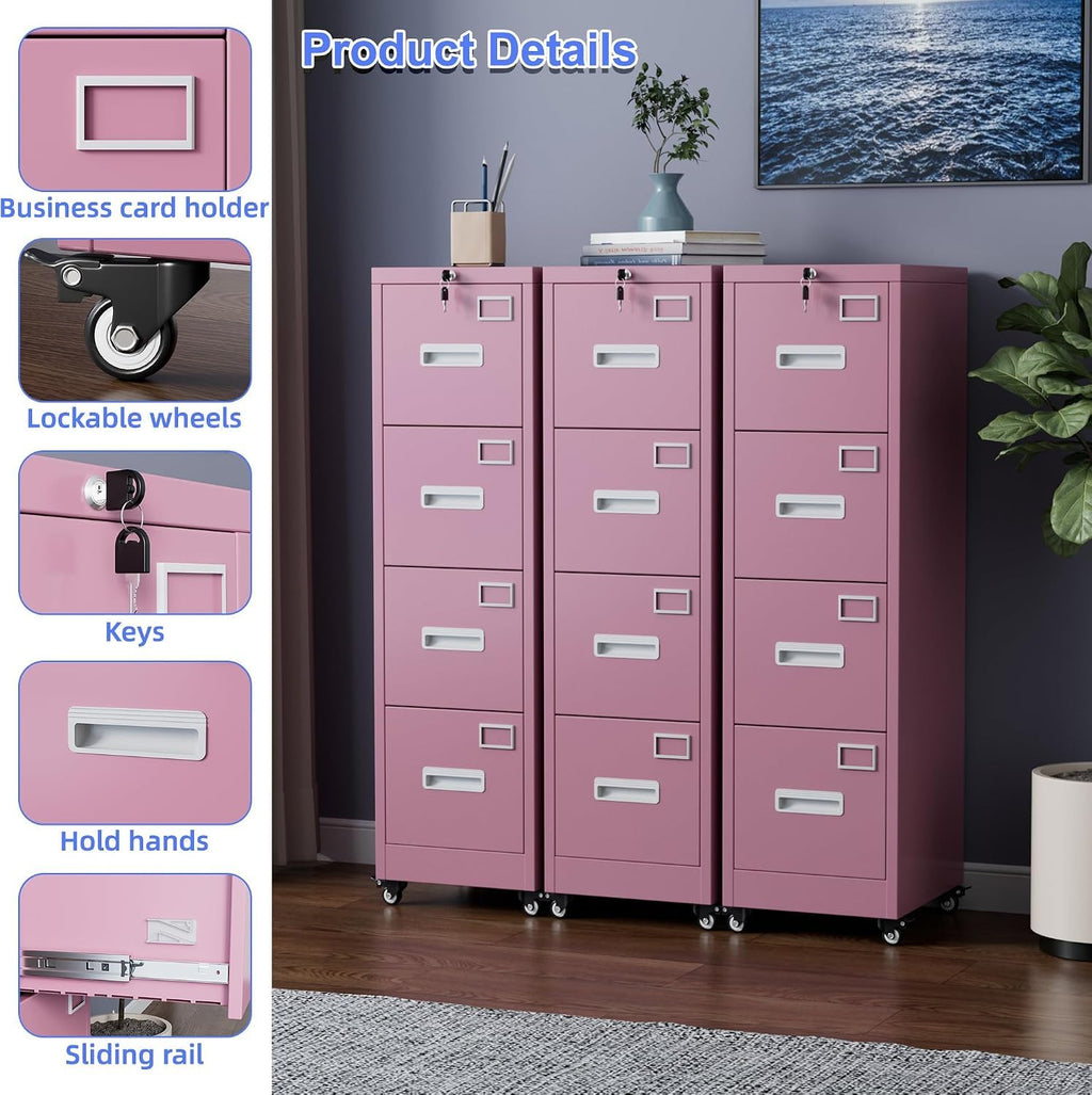 Pink 4-Drawer Metal File Cabinet with Lock and Wheels P86453