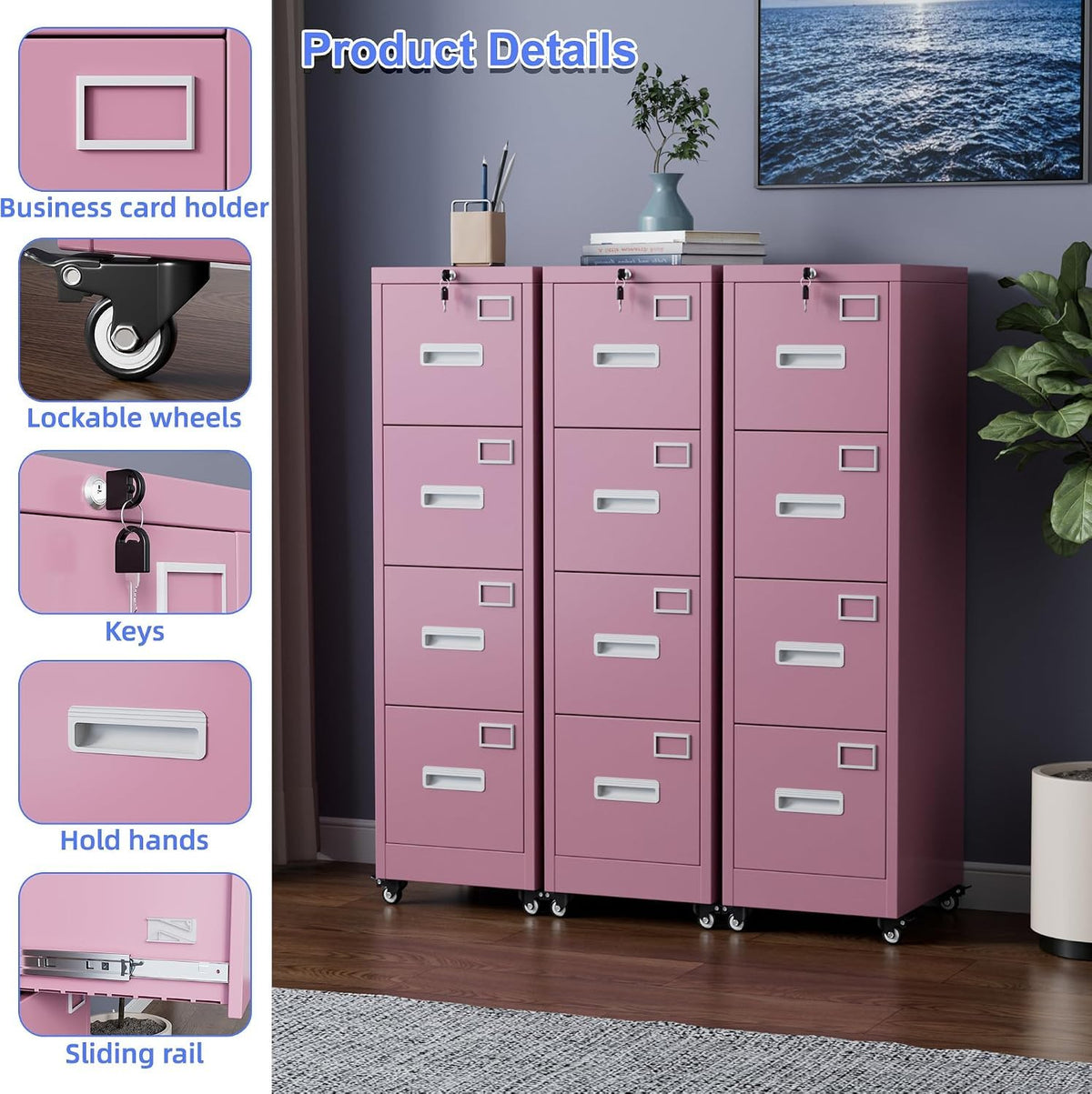 Pink 4-Drawer Metal File Cabinet with Lock and Wheels P86453