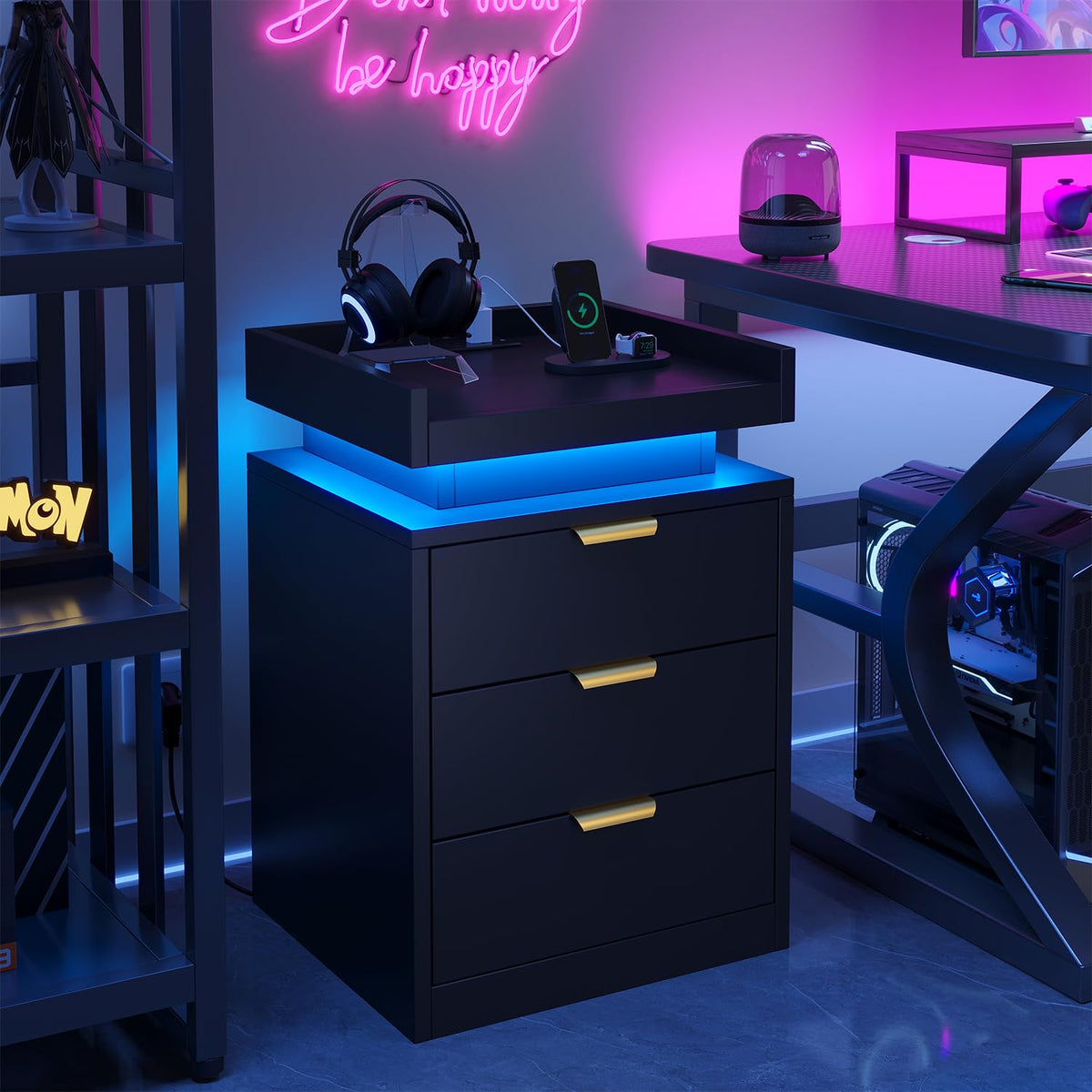 Black 3 Drawer LED Nightstand with Charging Station U20593