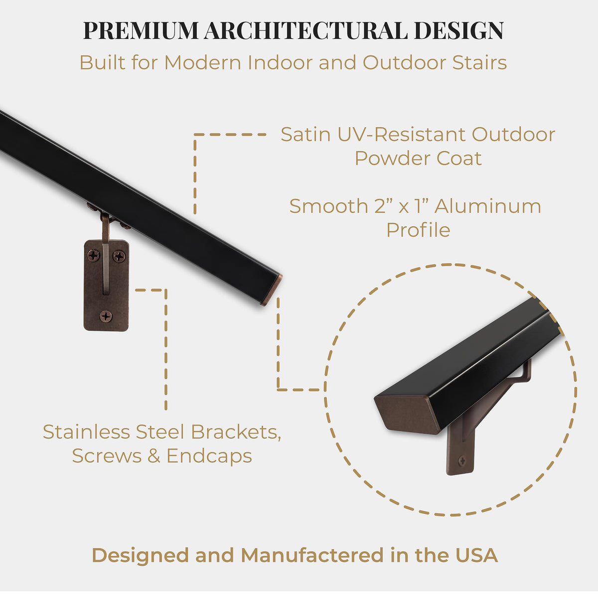 Aluminum Stair Handrail with Stainless Steel Brackets, 6 Feet D178079