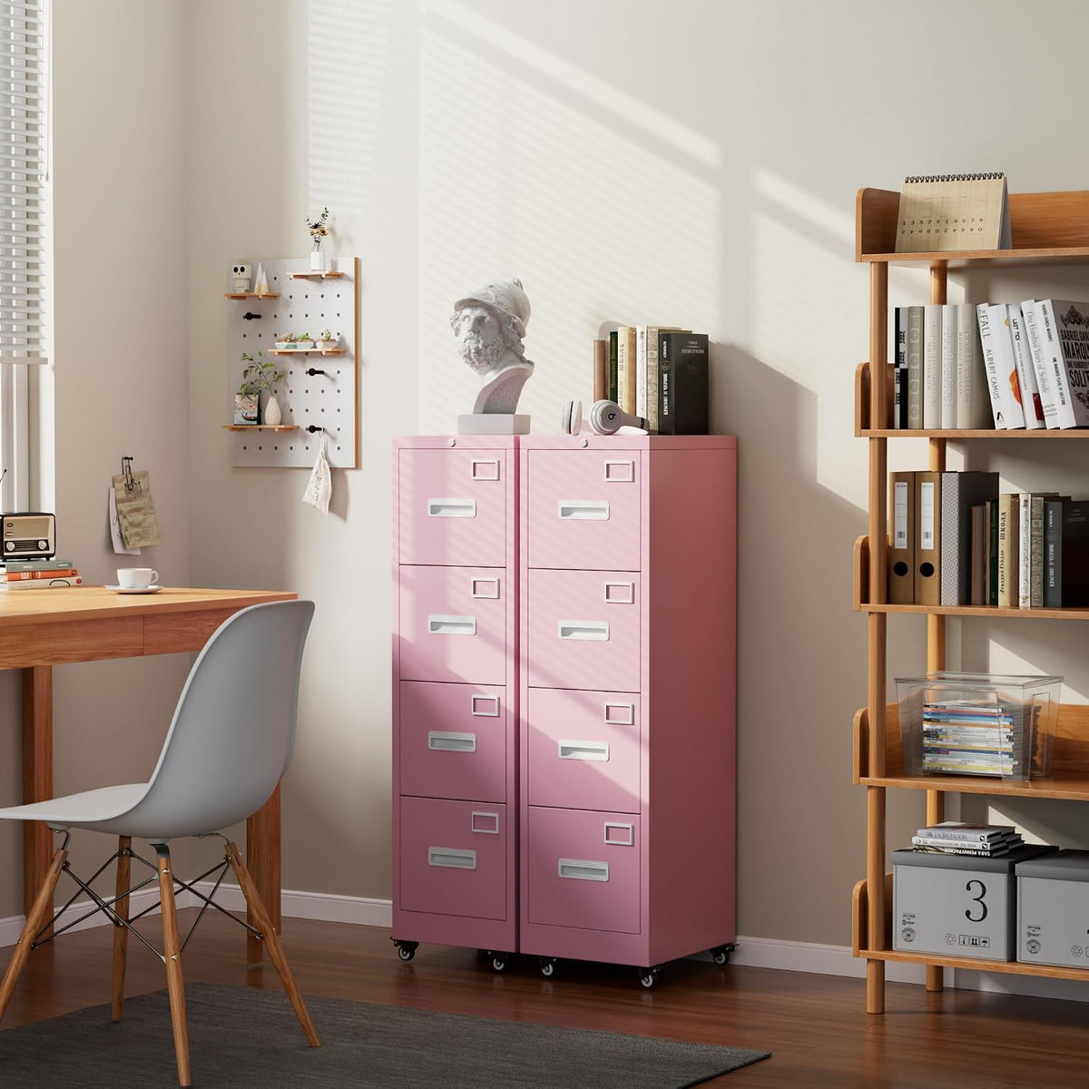 Pink 4-Drawer Metal File Cabinet with Lock and Wheels P86453