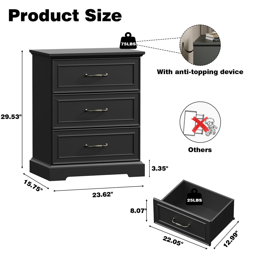 Black 3 Drawer Wood Dresser W894027