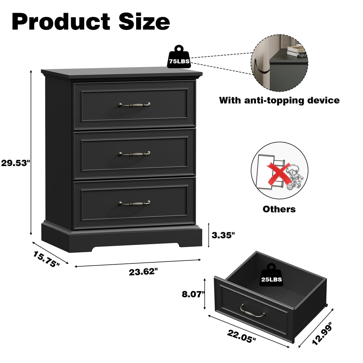 Black 3 Drawer Wood Dresser W894027