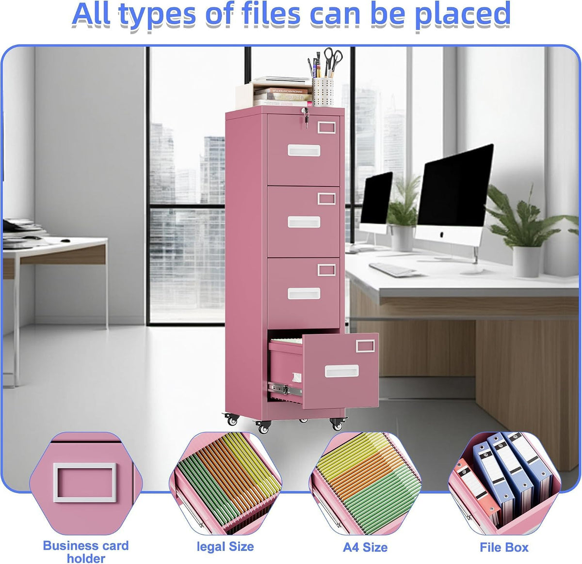 Pink 4-Drawer Metal File Cabinet with Lock and Wheels P86453