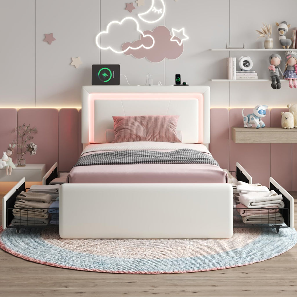 White Twin Size Bed Frame with 4 Storage Drawers H2398