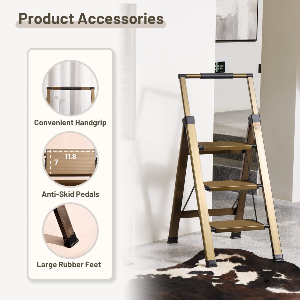 3 Step Aluminum Step Stool with Retractable Handrail L288783