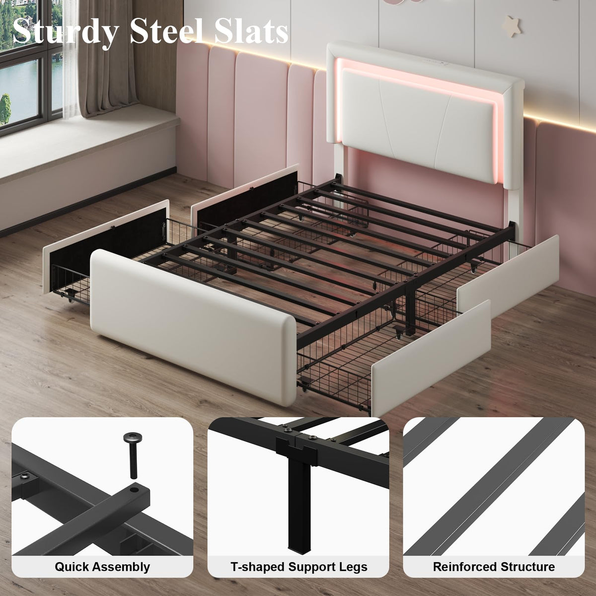 White Twin Size Bed Frame with 4 Storage Drawers H2398