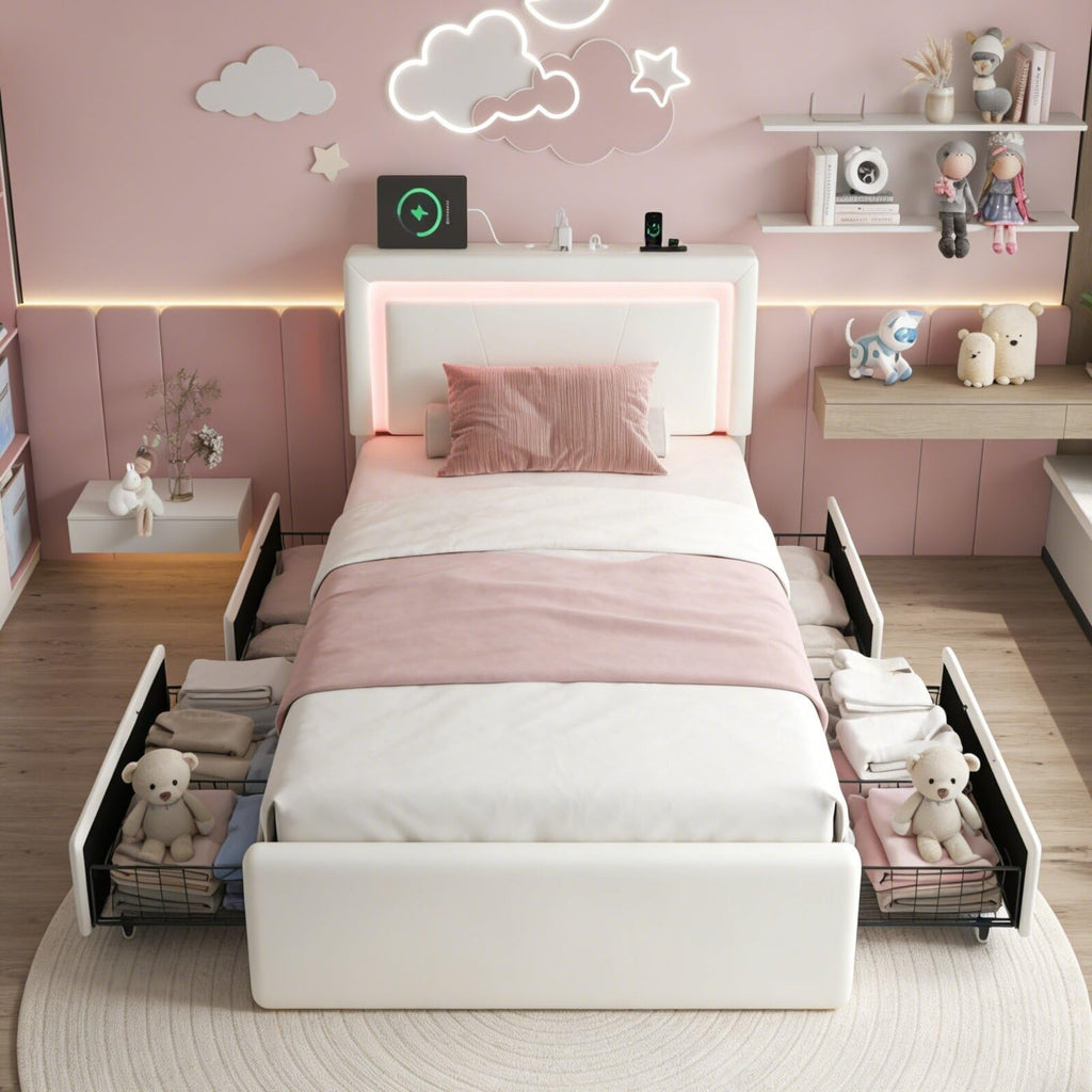 White Twin Size Bed Frame with 4 Storage Drawers H2398