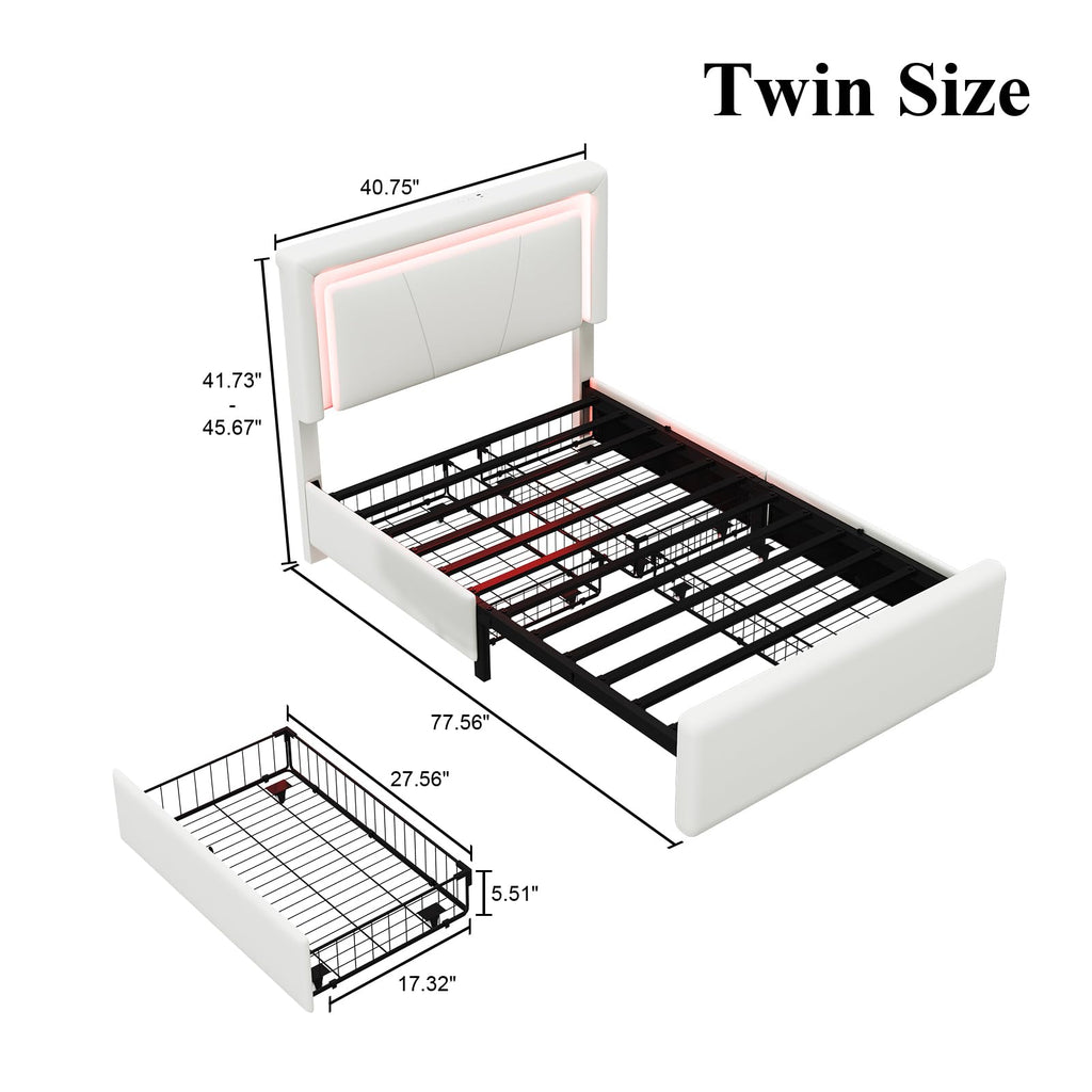 White Twin Size Bed Frame with 4 Storage Drawers H2398