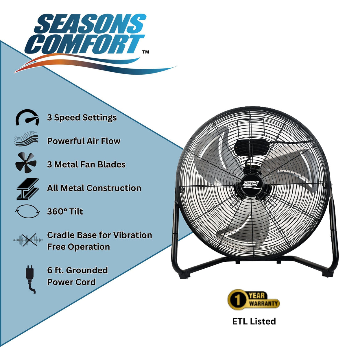 20 Inch 3 Speed Black High Velocity Fan Y889403
