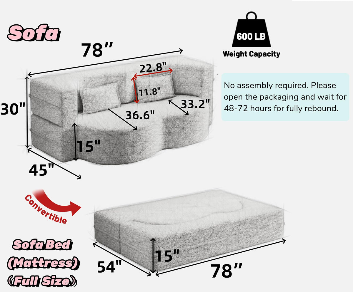 78" Full Size Pink Folding Sofa Bed K847565
