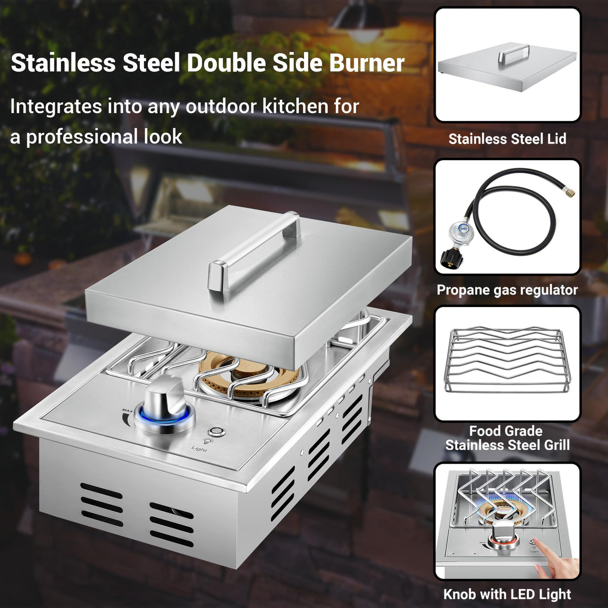 17500BTU Liquid Propane Side Burner 304 Stainless Steel U15965