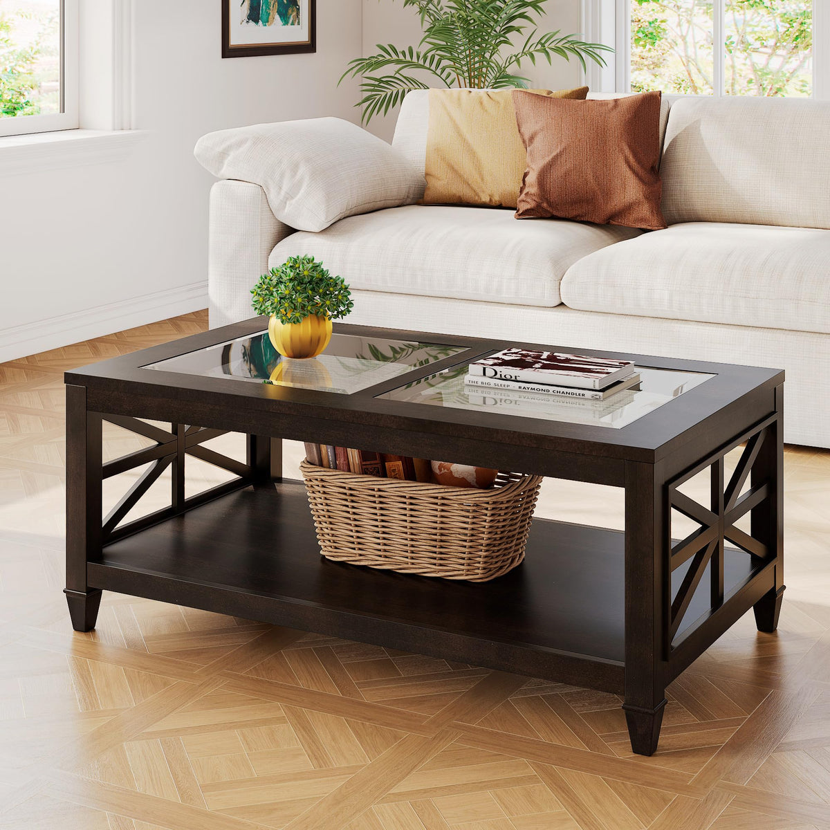 45.5"W Solid Wood Glass Coffee Table E2803